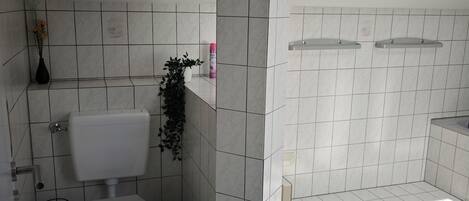 Un baño moderno con inodoro, lavabo y zona de ducha.