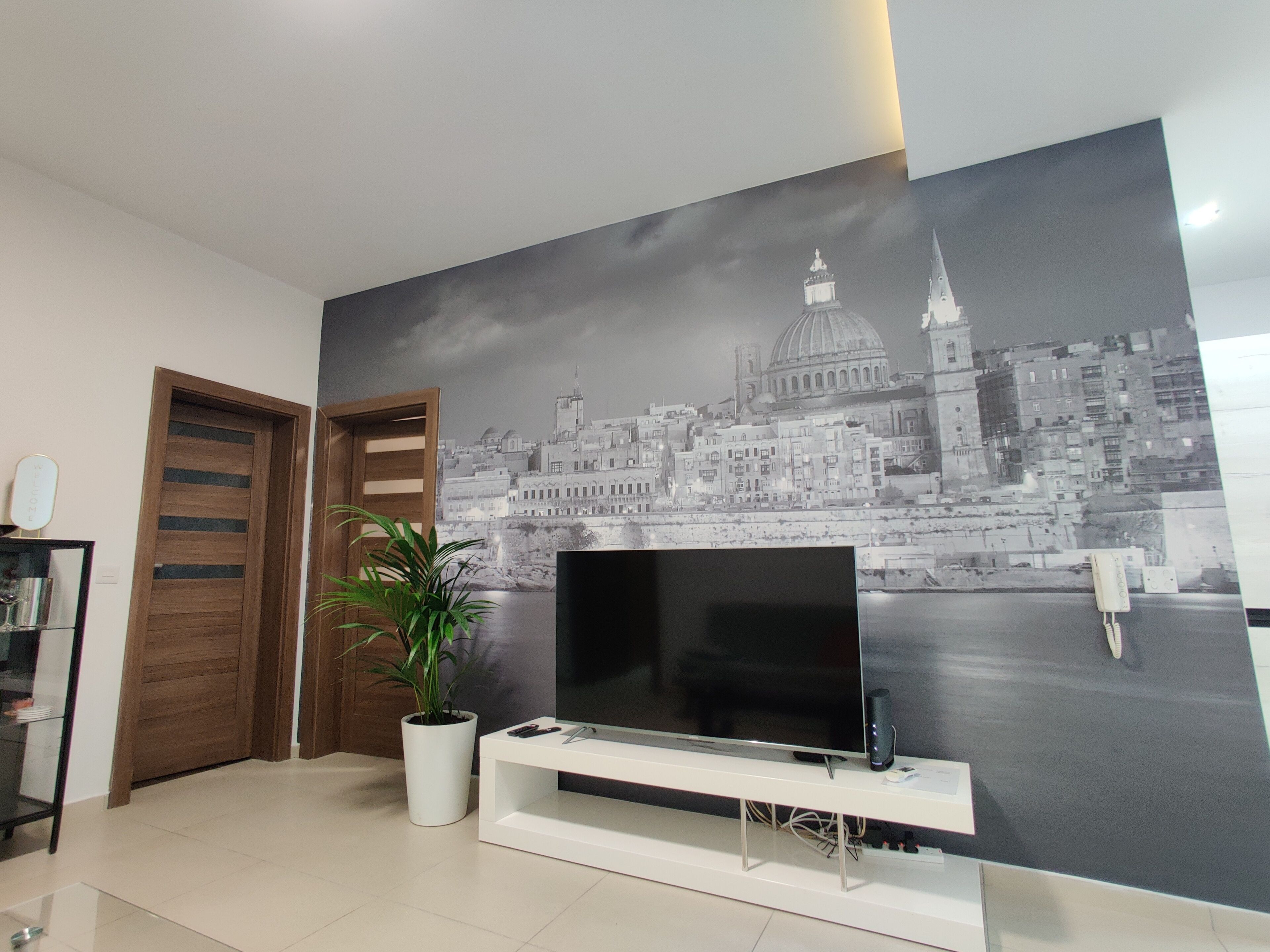A living room with a large flat-screen TV on a white stand, a potted plant, and a wooden door.