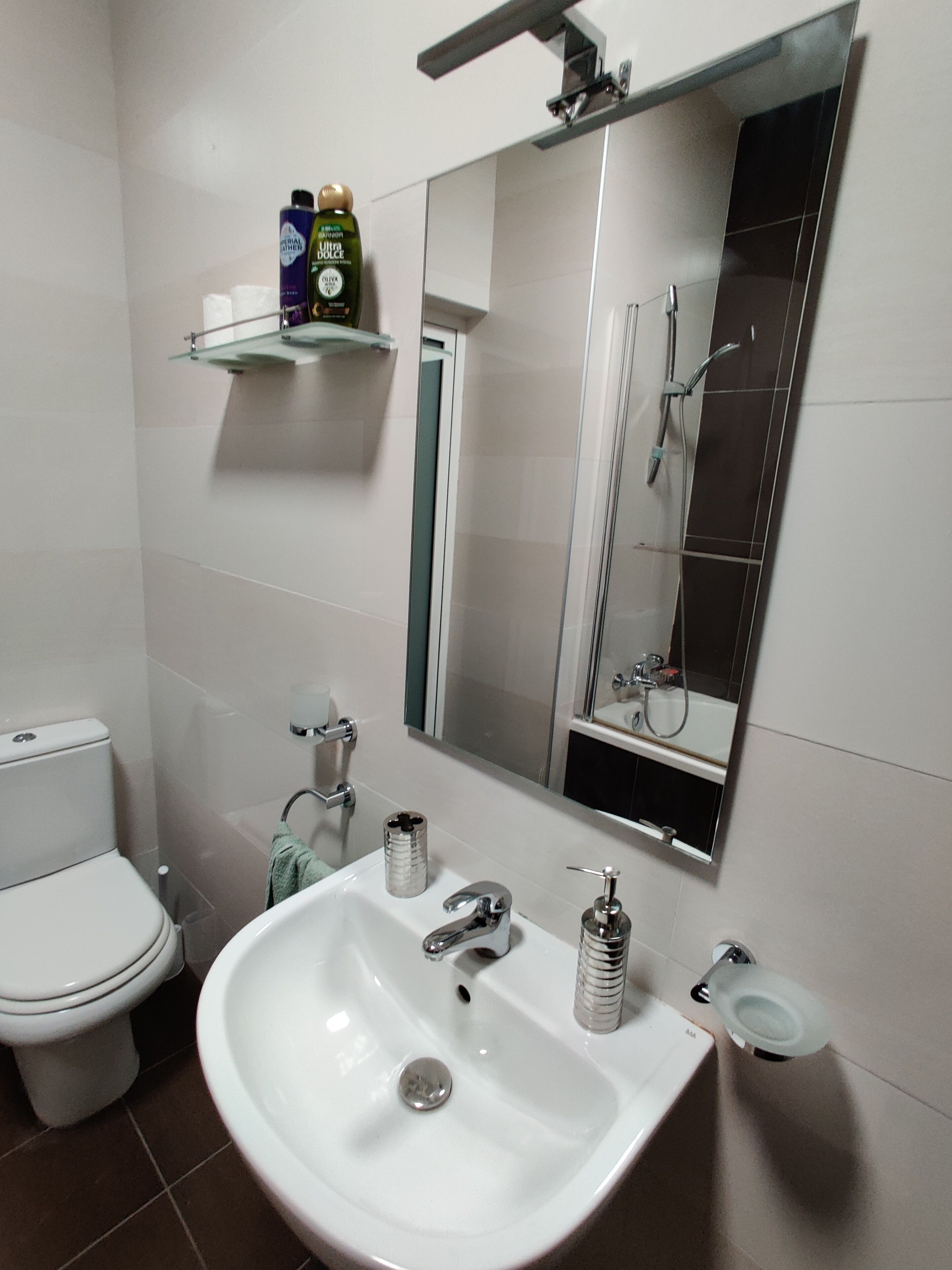 A bathroom with a white sink, a toilet, a mirror, and a shower. There are toiletries on a shelf above the sink.