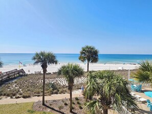 A beach view with palm trees, a wooden deck, and a pool area.