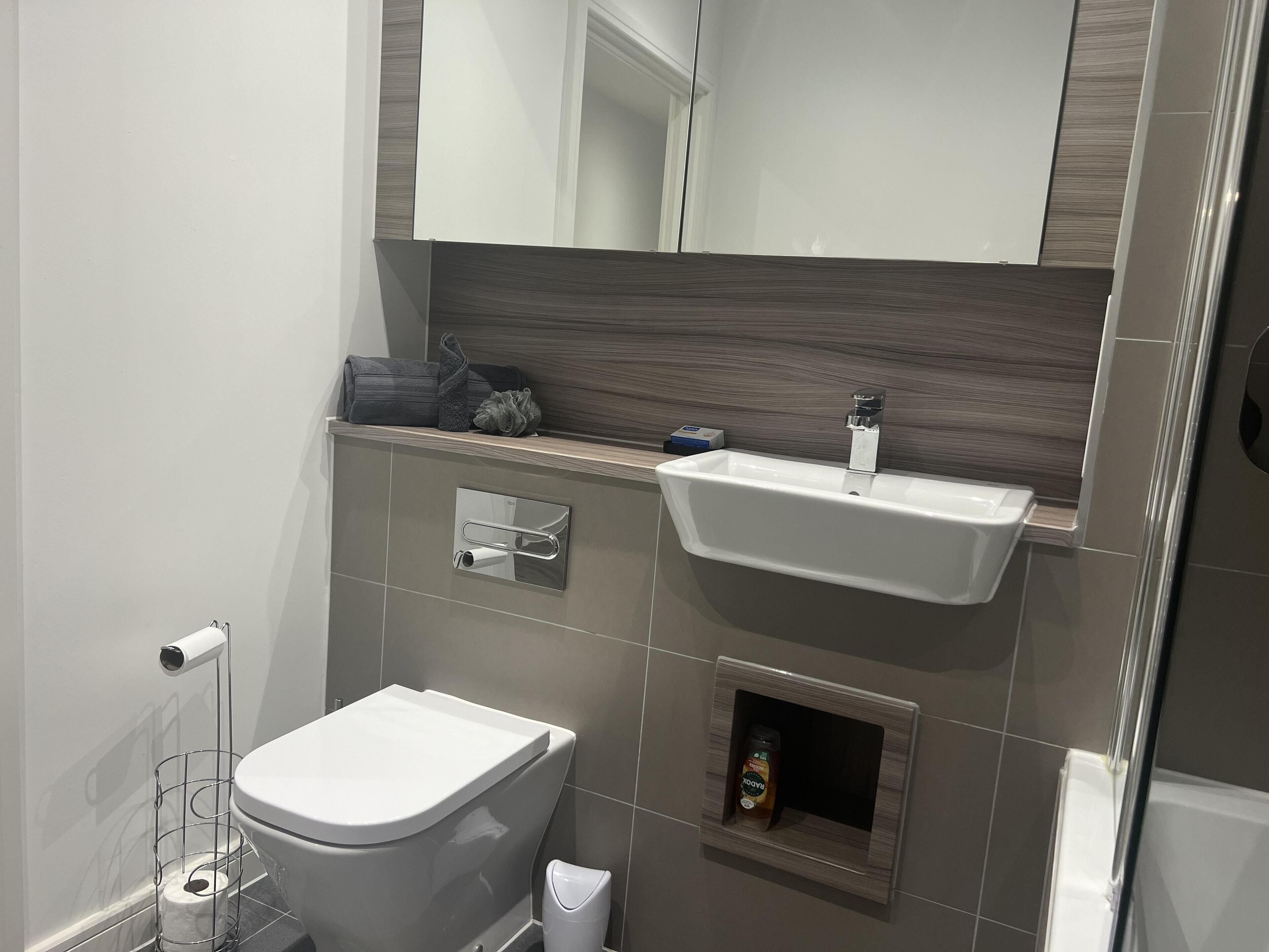 Ein modernes Badezimmer mit Toilette, Waschbecken und Spiegel.