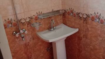 Shower, towels, soap, toilet paper