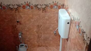 Shower, towels, soap, toilet paper