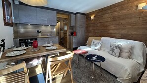 A compact living space with a kitchenette, a dining area, and a sofa.