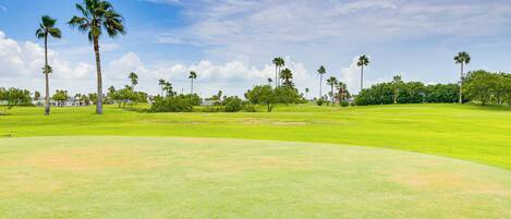 A golf course with well-maintained grass, palm trees, and a clear sky.