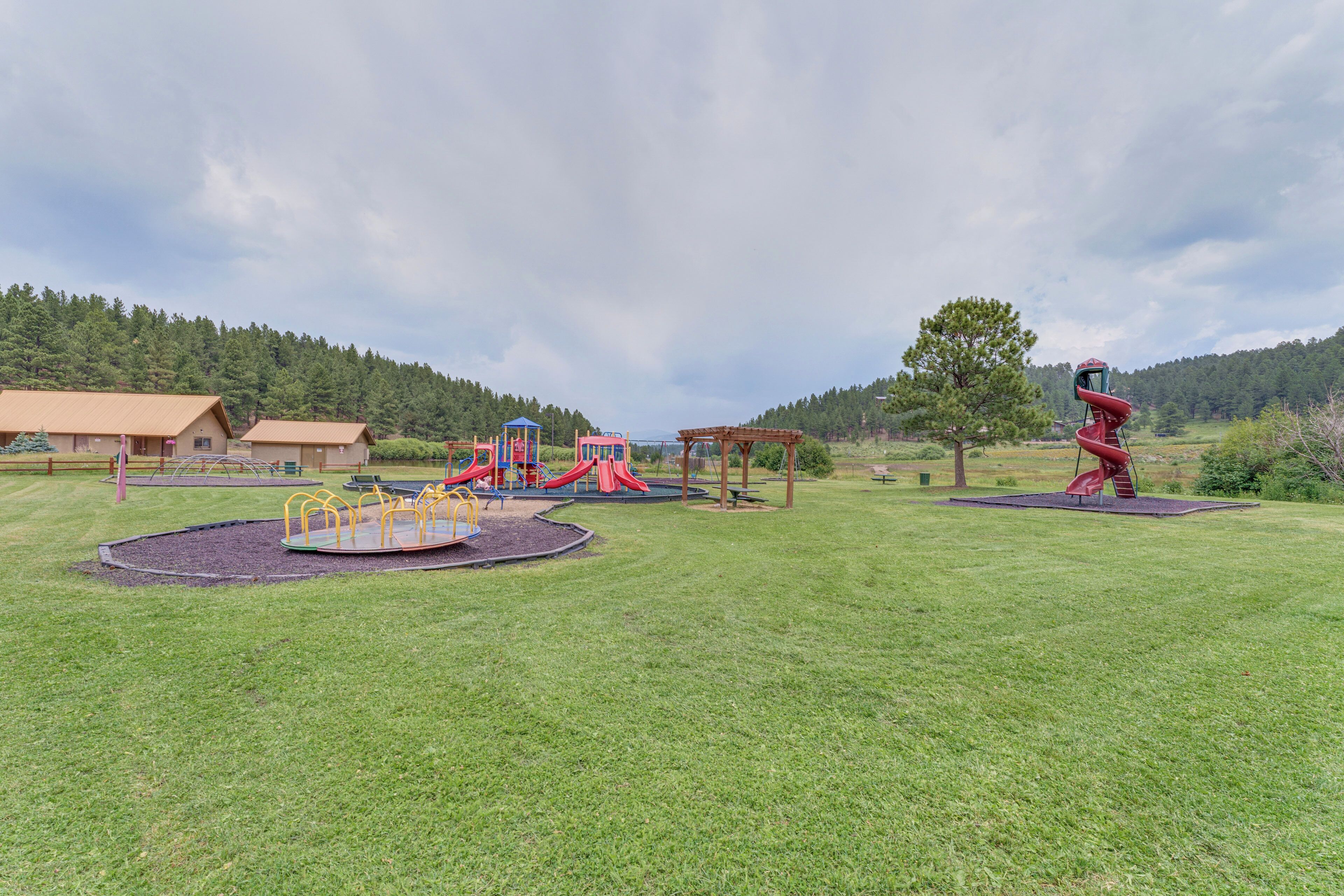 A playground with various play structures, including slides and swings, set in a grassy area with a forested backdrop.
