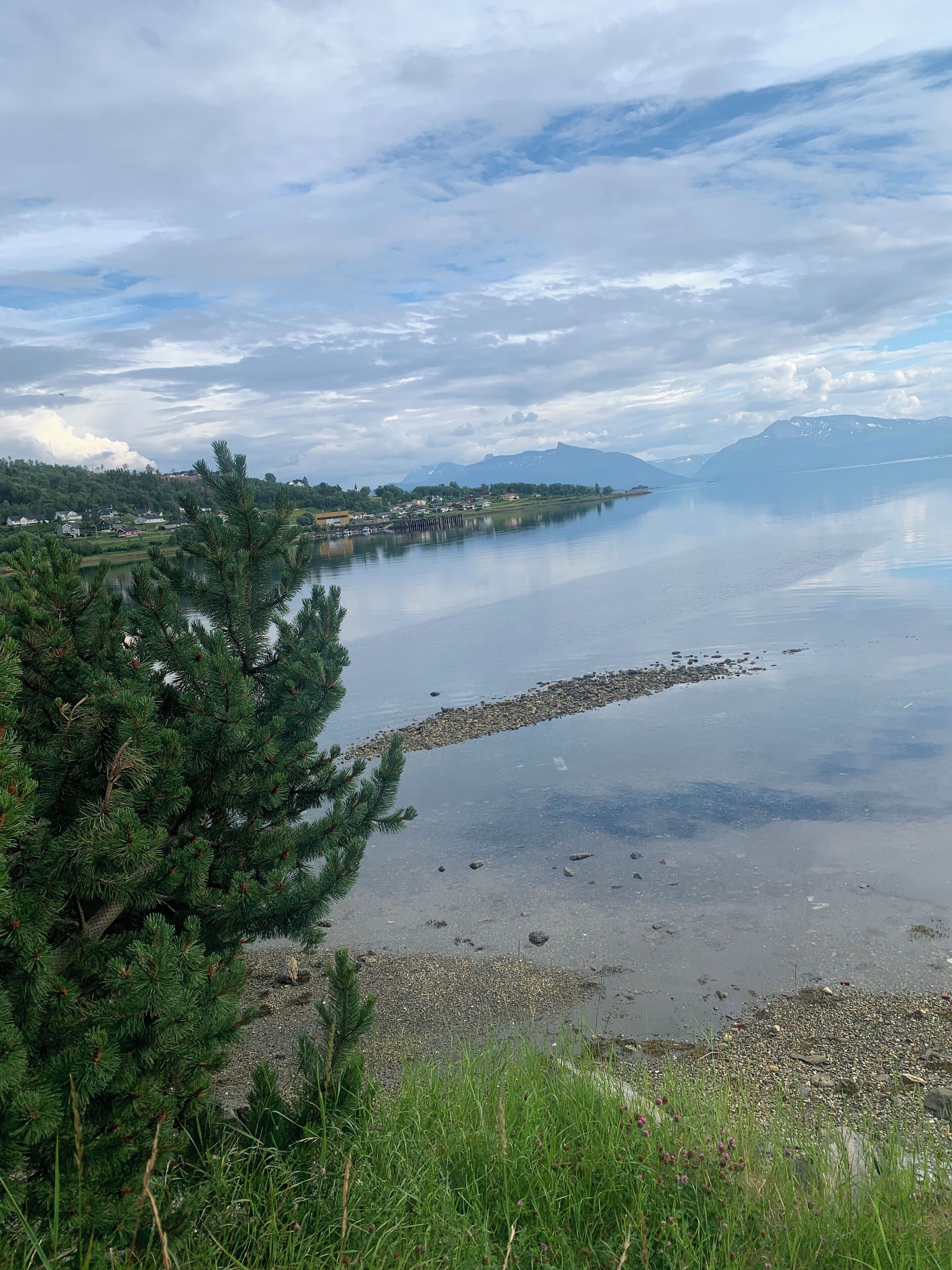 A lakeside view with a clear sky, calm water, and a distant mountain range.