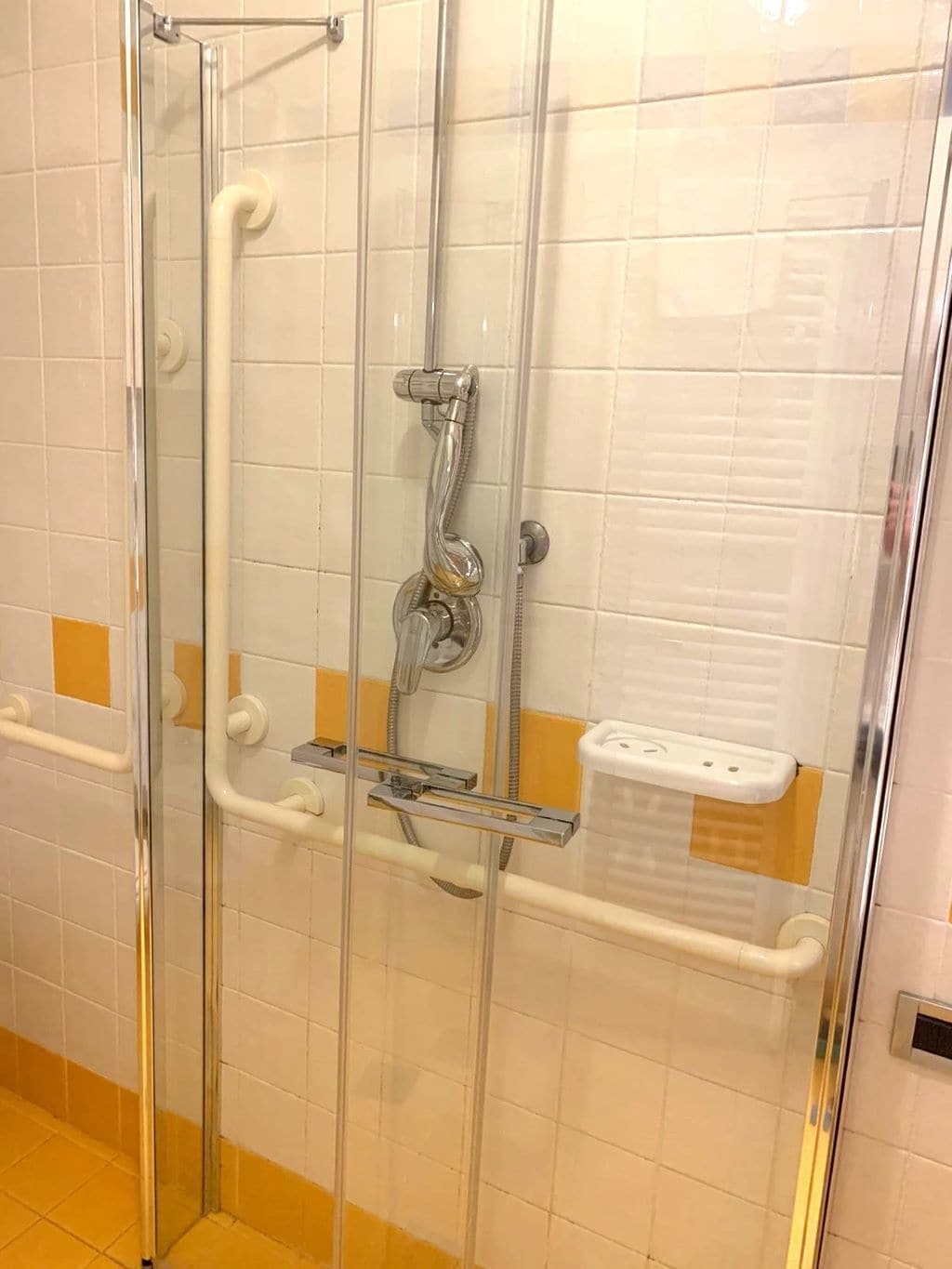 A glass-enclosed shower stall with a handheld showerhead, a handheld soap dispenser, and a white grab bar.