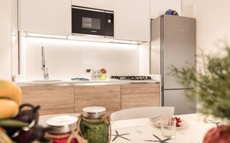 Appartamento Deluxe, 1 camera da letto, patio, al piano terra | Cucina privata | Frigorifero, microonde, piano cottura, lavastoviglie