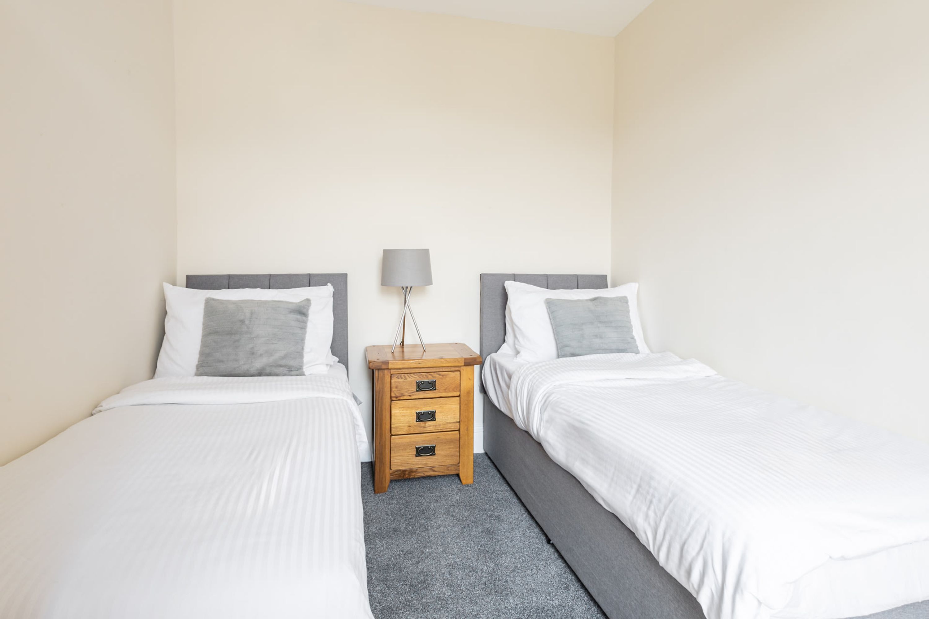 A twin room with two beds, a nightstand with a lamp, and a grey carpet.