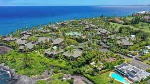 Un complejo turístico costero con varias edificaciones tipo bungalow rodeado de exuberante vegetación y palmeras.