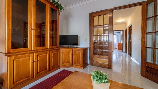 Un amplio espacio habitable con armarios de madera, un televisor de pantalla plana y una alfombra roja.