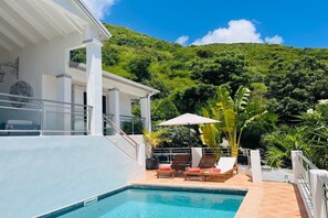 Uma área de piscina com espreguiçadeiras e um vaso com planta.
