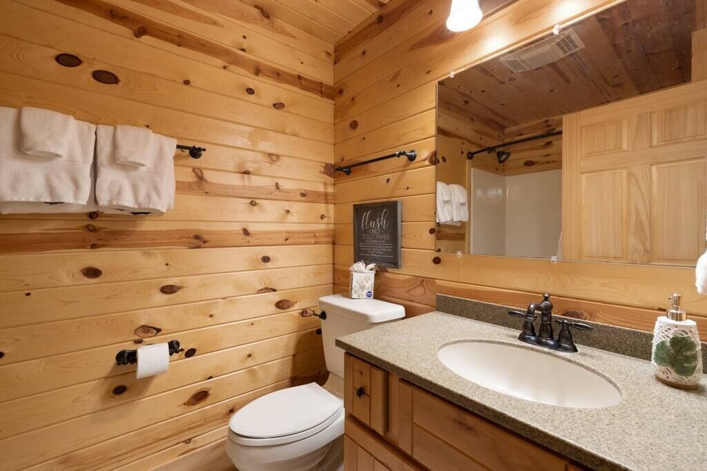 Une salle de bain rustique, aménagée dans une cabane en bois, avec des toilettes, un lavabo et un miroir.