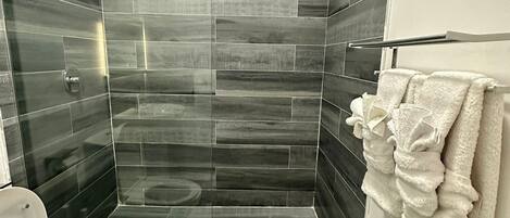 A modern bathroom with a glass-enclosed shower, a toilet, and a towel rack.