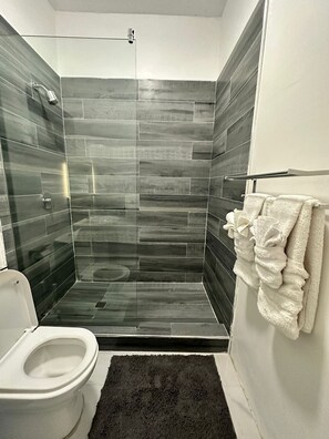 A modern bathroom with a glass-enclosed shower, a toilet, and a towel rack. - Cozy hotel in enjoyable Kingston with AC, WiFi (Kingston)