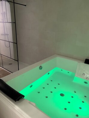 Douche, baignoire à jets, sèche-cheveux, serviettes fournies