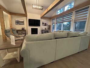 Smart TV, fireplace, books