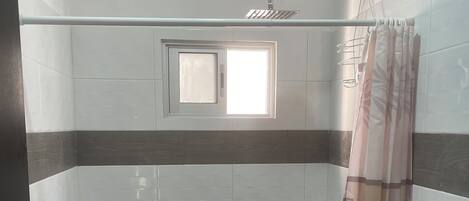 Hair dryer, towels, soap, toilet paper