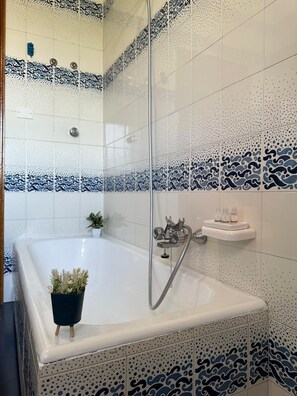 Shower, hair dryer, bidet, towels