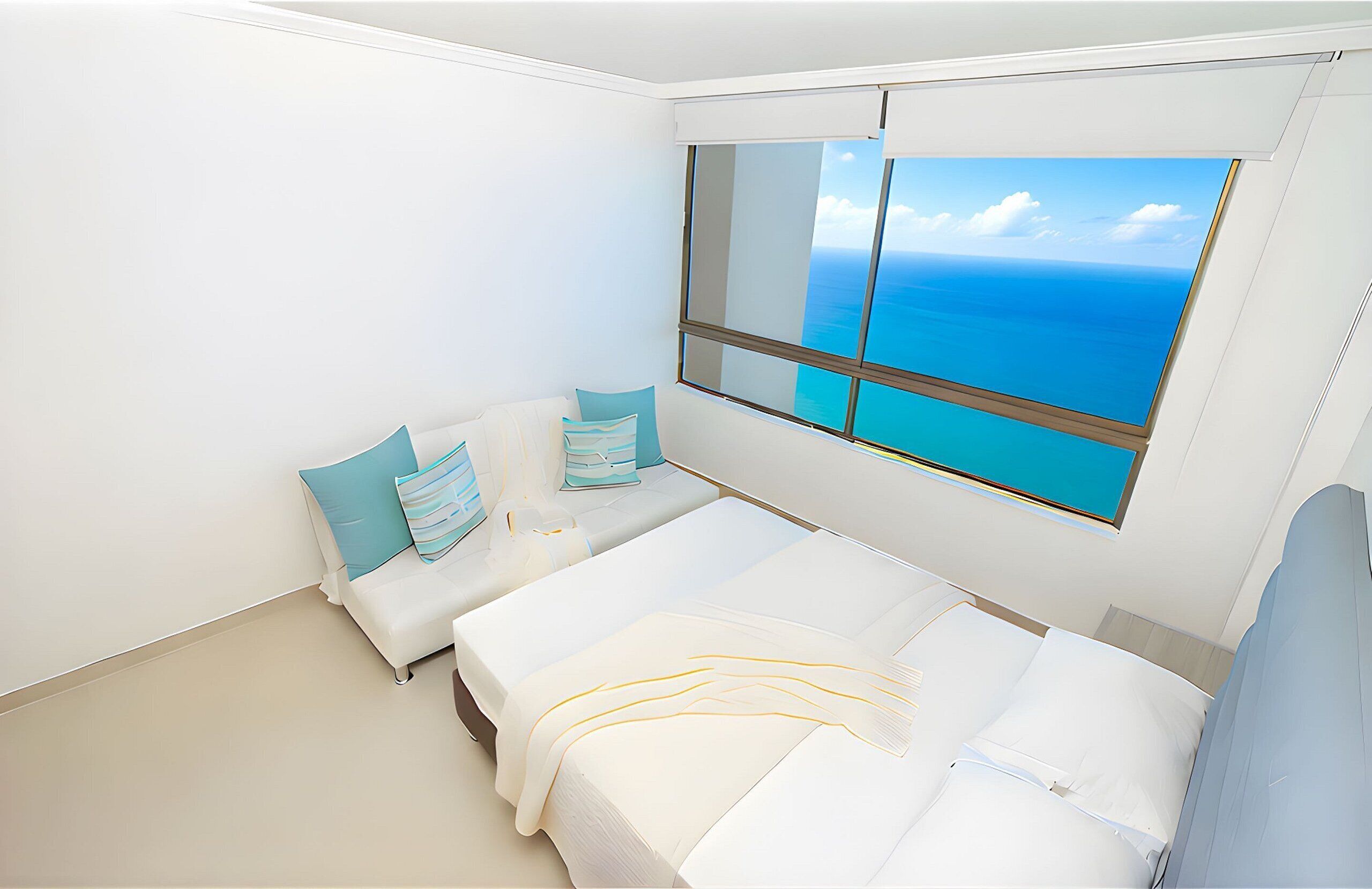 Een kamer met een bed, een bank en een groot raam met uitzicht op zee.