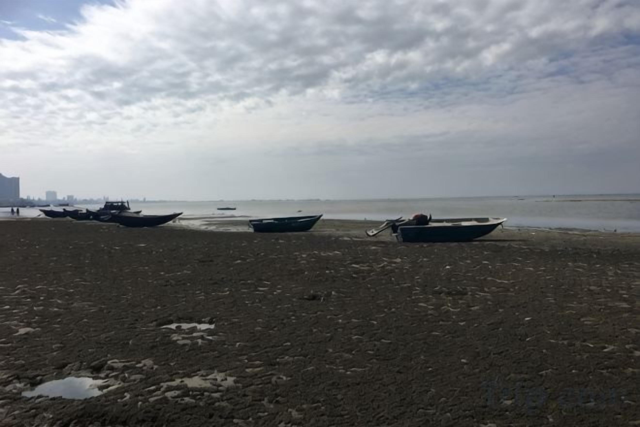 A beach with boats and a distant city skyline.