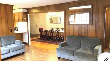 Smart TV, fireplace, DVD player, foosball