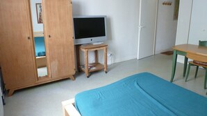 A bedroom with a bed, a TV on a stand, a wardrobe, and a door. - Appartement Plain-pied Proche Thermes Parking Privée (Bagnères-de-Bigorre)