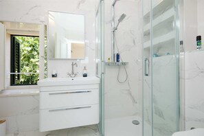 Shower, hair dryer, towels