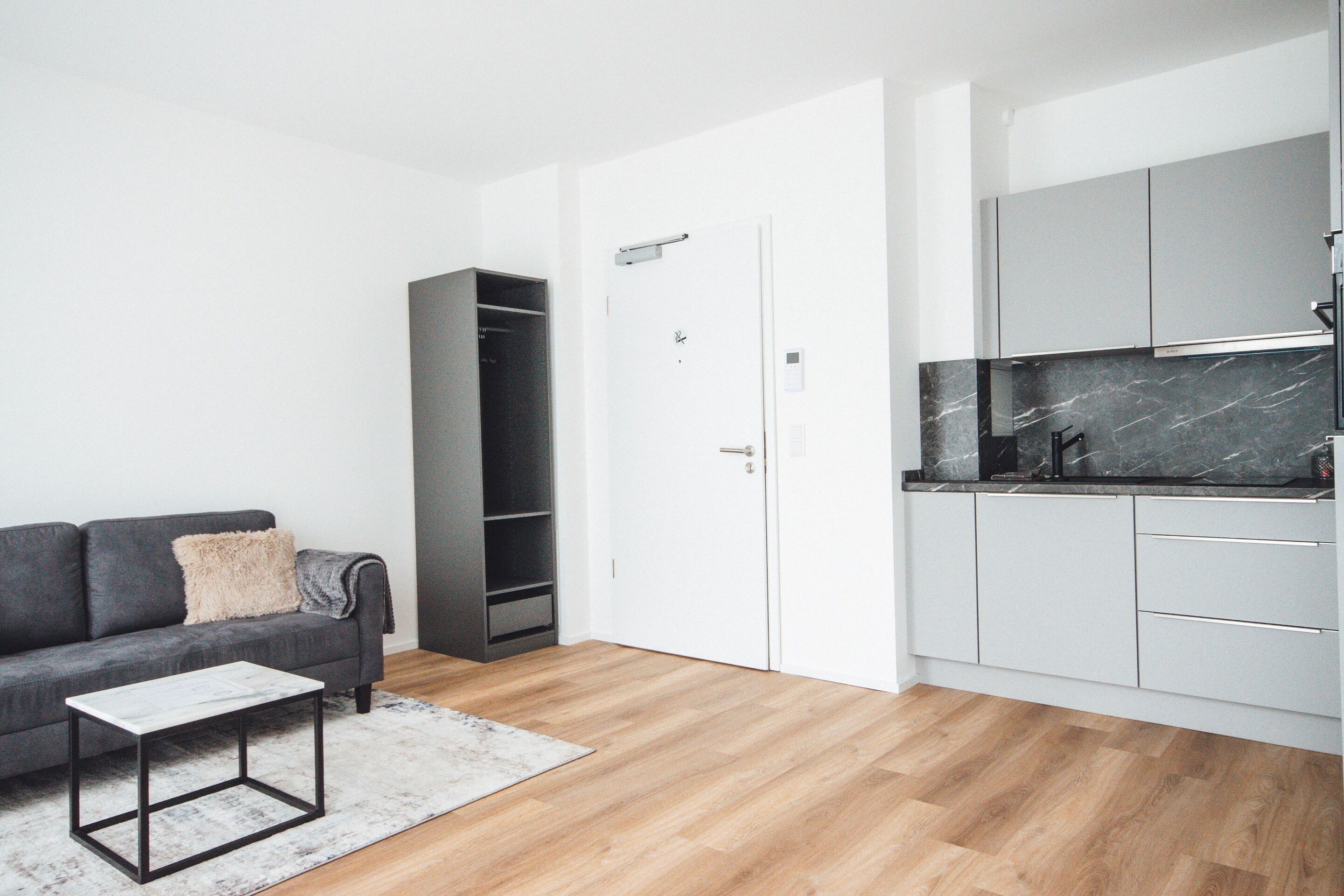 Een modern appartement met een grijze bank, een klein bijzettafeltje, een inloopkast en een keuken met grijze kasten en een zwart aanrecht.