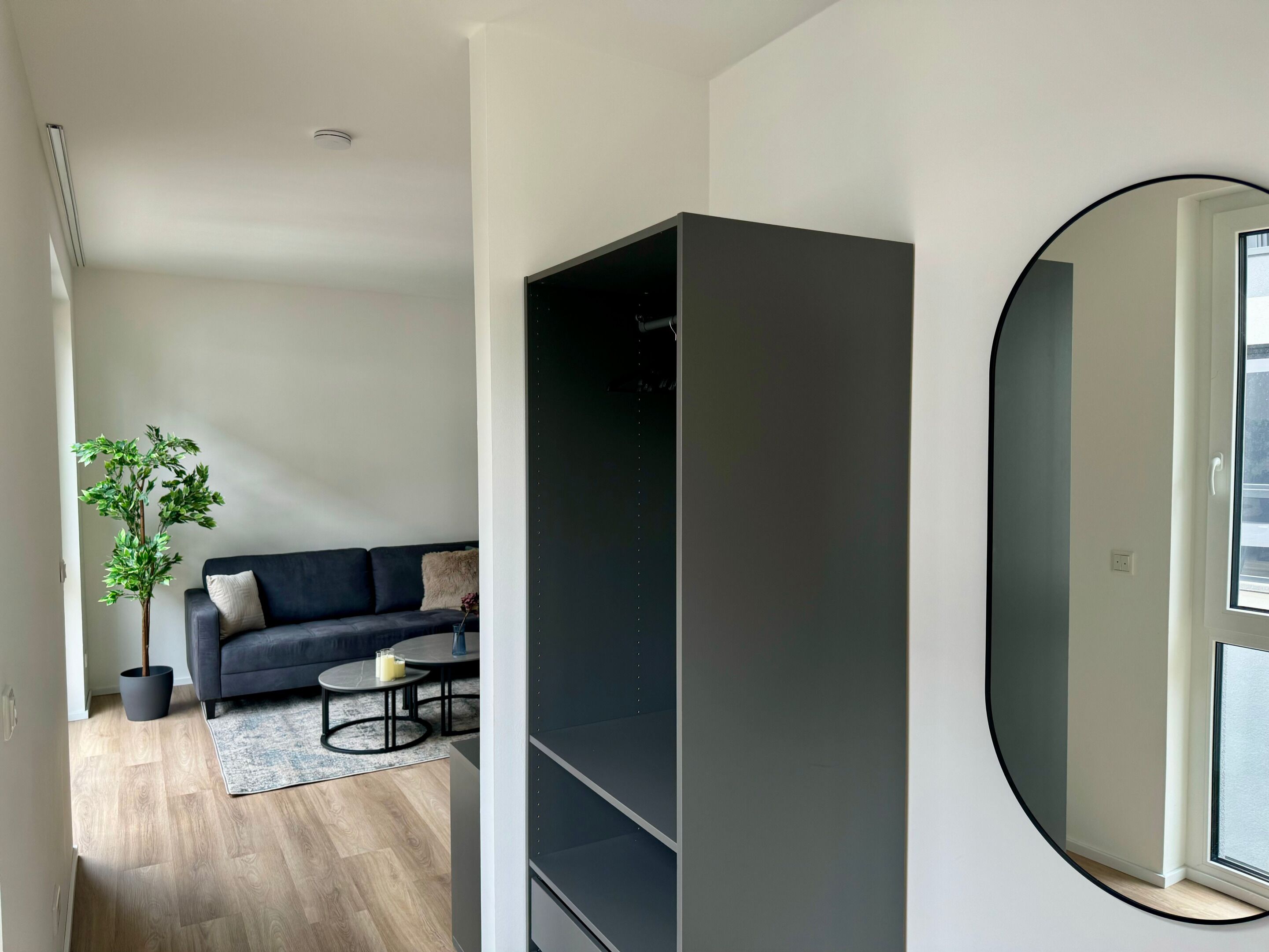 A modern living room with a dark sofa, a small round table, and a potted plant.