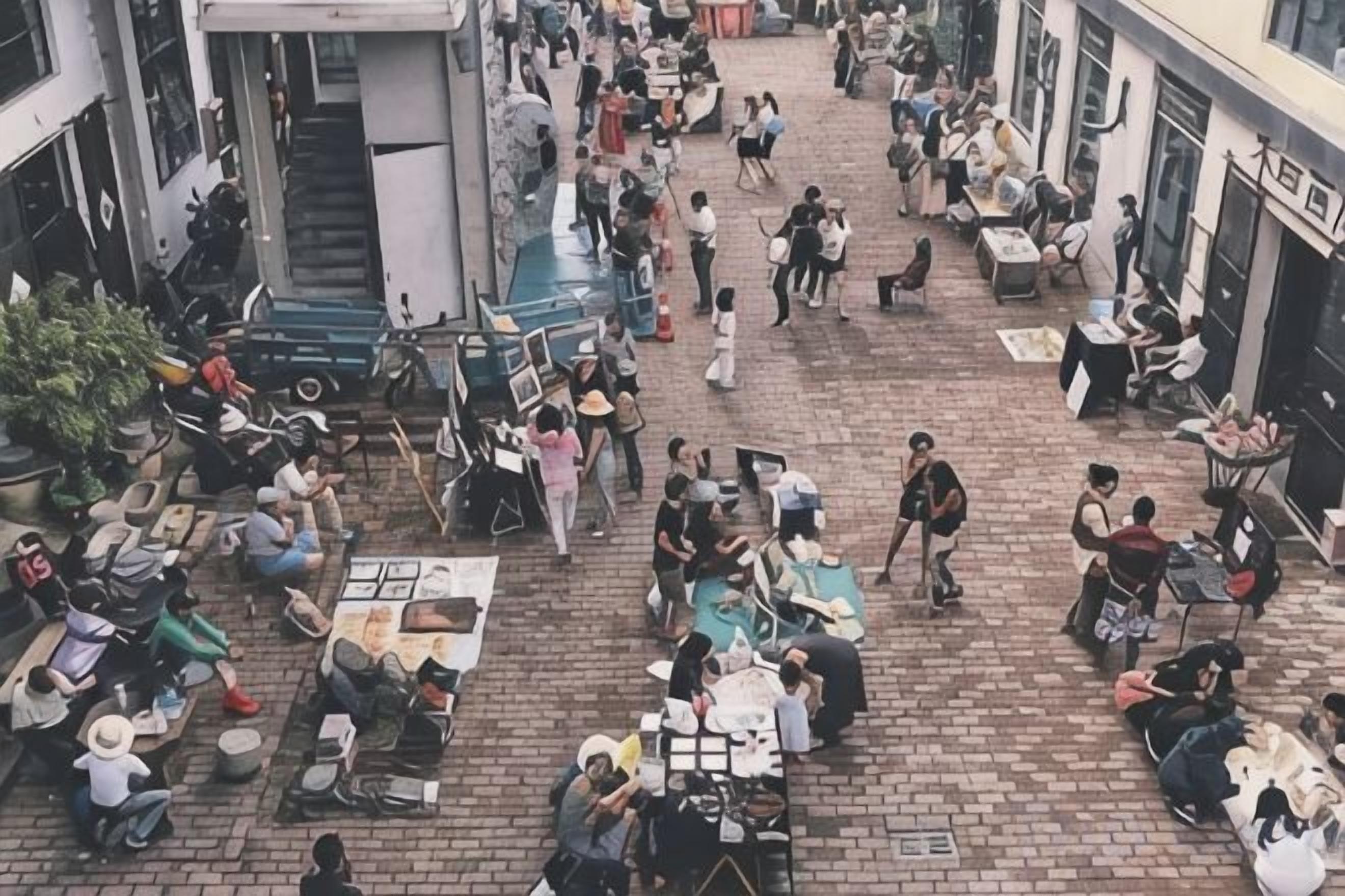 An outdoor public space with tables and chairs, people sitting and walking, and a staircase leading to an upper level.