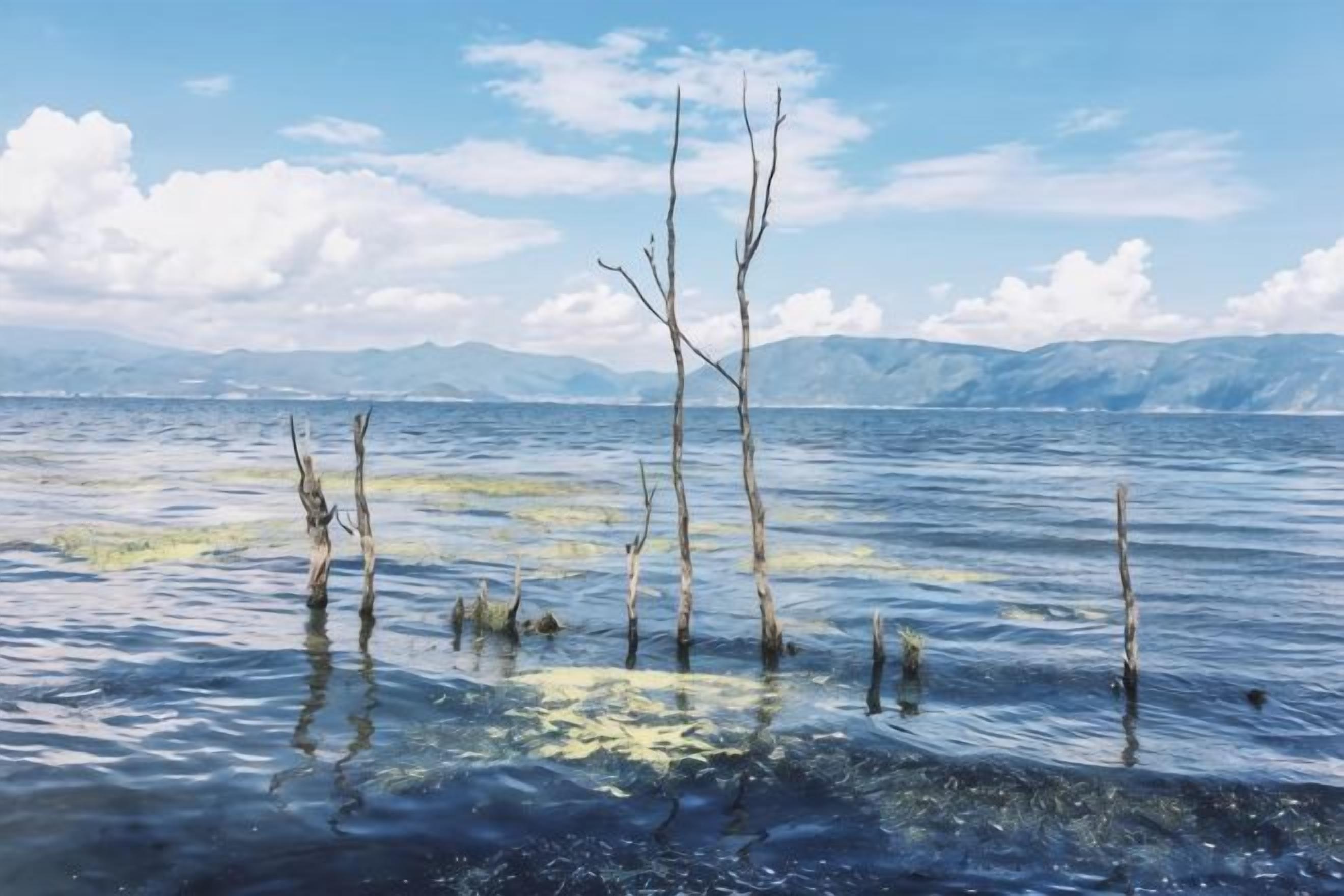 A calm lake with several dead trees in the water, surrounded by mountains and a clear sky.