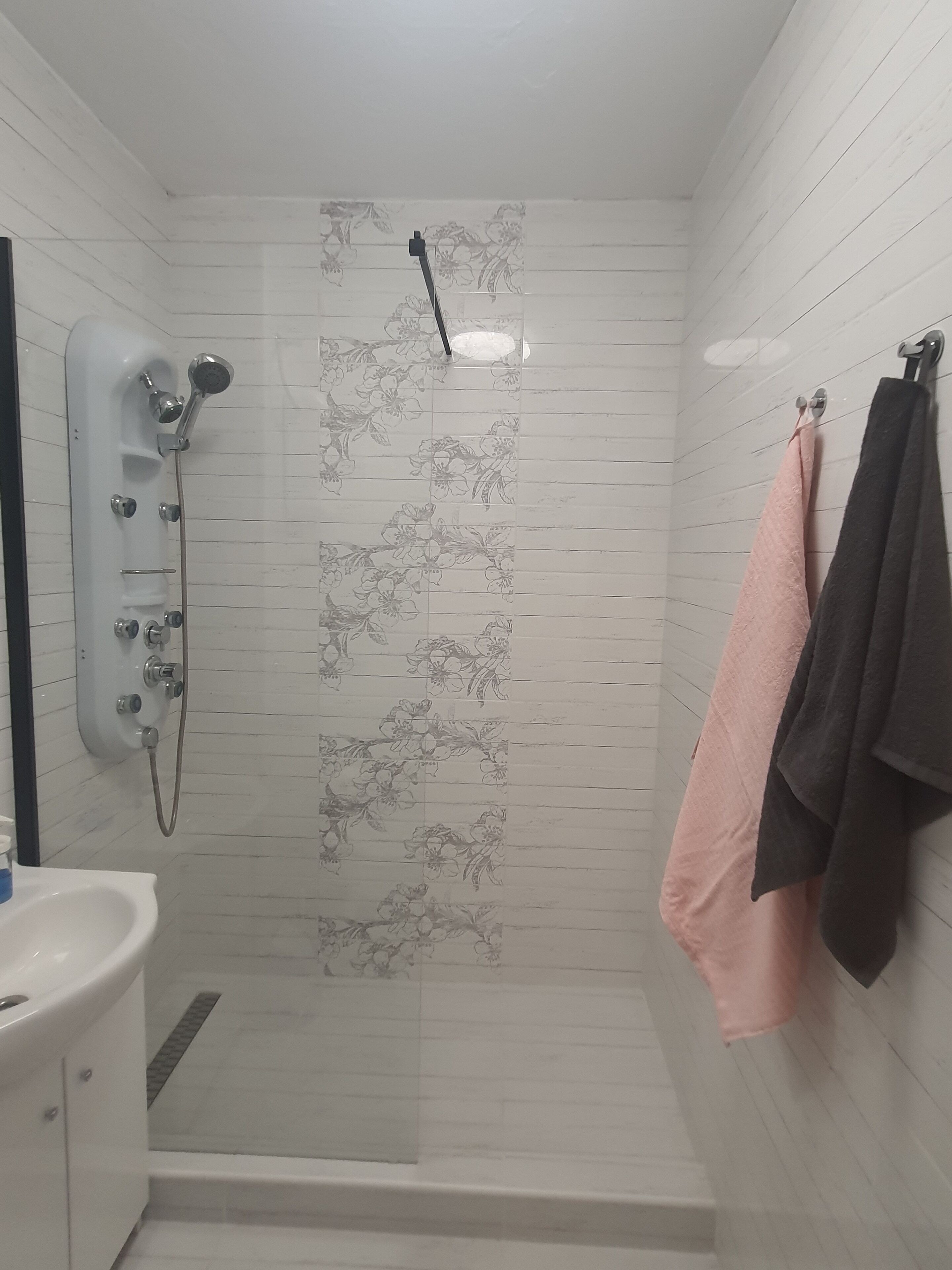 Shower, towels, toilet paper