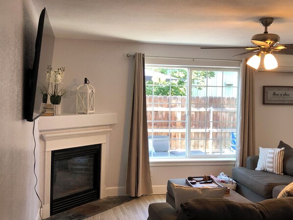 TV connectée, cheminée, livres