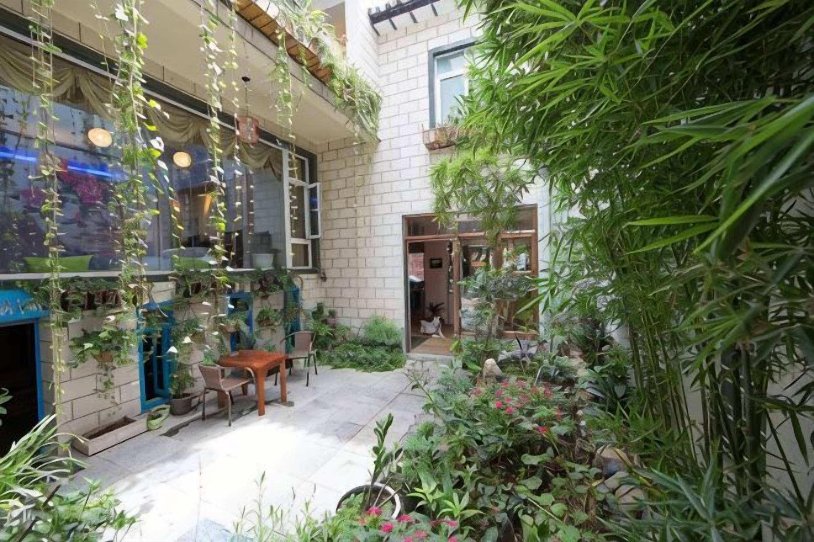 Un jardín interior con plantas colgantes, una mesa de madera y sillas.