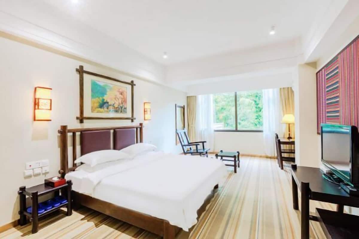 Ein Hotelzimmer mit Bett, Schreibtisch, Stuhl, Fernseher und einem fenster mit Vorhängen.