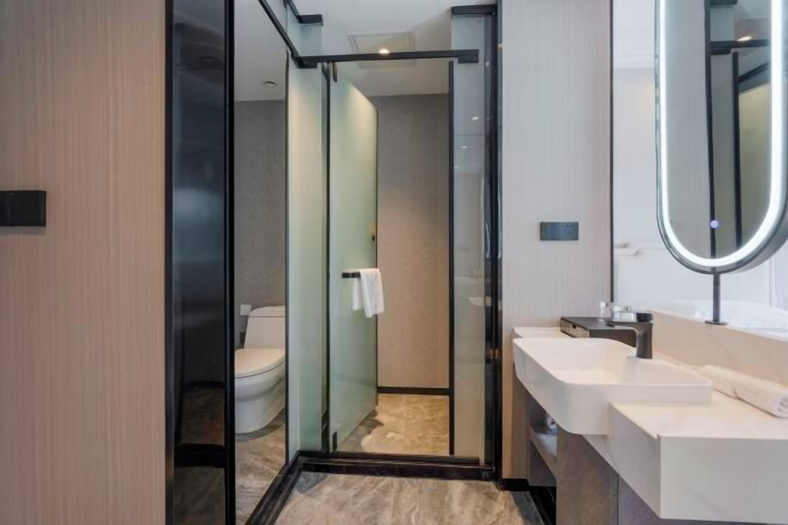A modern bathroom with a glass shower enclosure, a white sink, and a large mirror.
