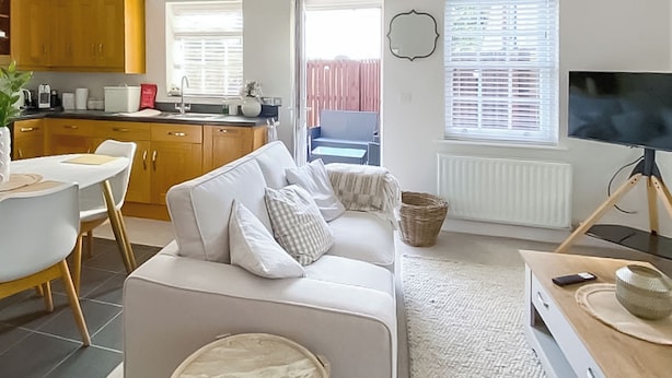 A modern living room with a sofa, a dining area with a table and chairs, a kitchen with wooden cabinets, a television, and a window with blinds.