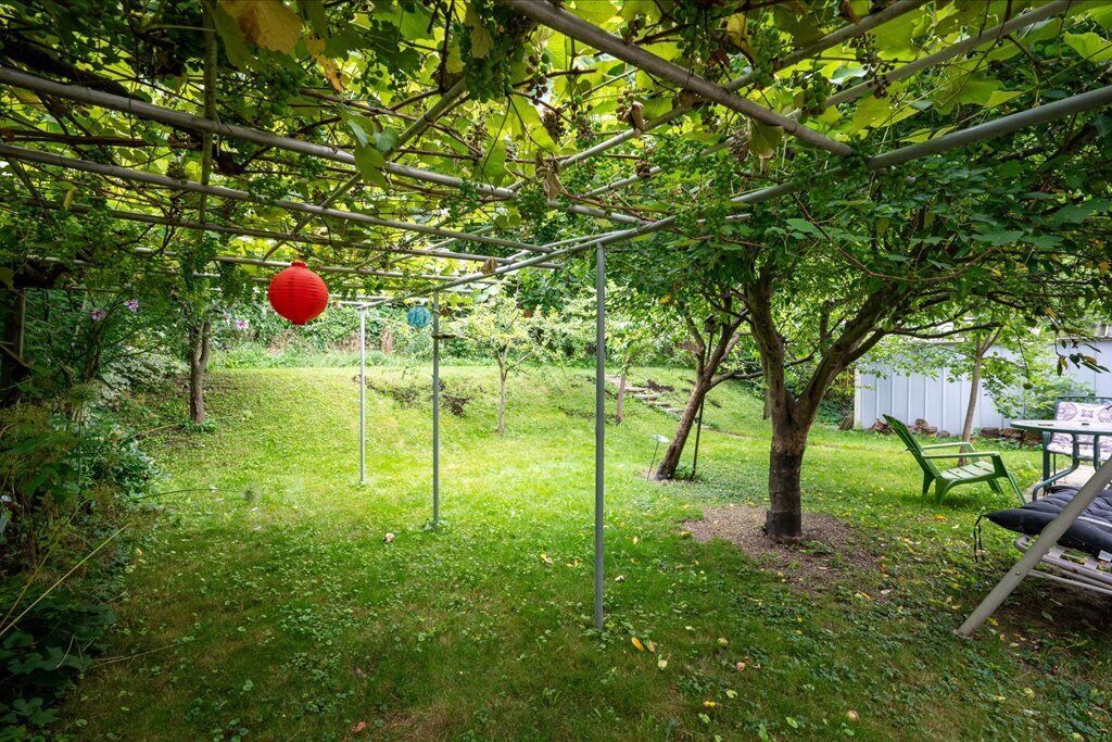 A garden with a pergola, a green bench, and a red hanging ornament.