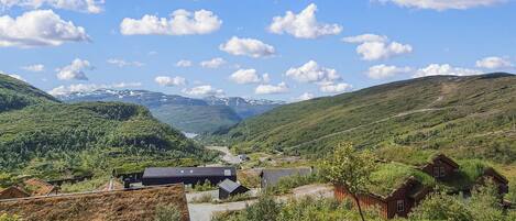 A rural village with traditional houses, a winding road, and a valley with mountains in the background.