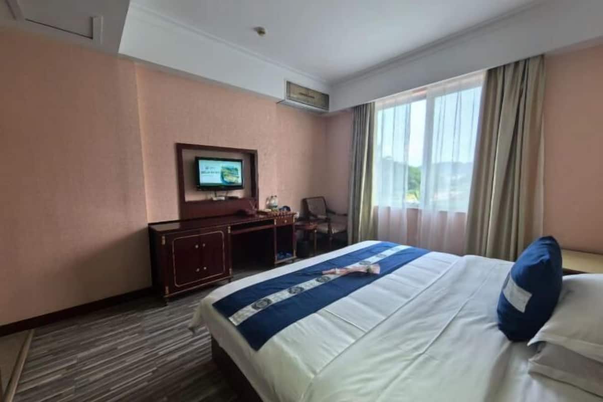 Une chambre d’hôtel avec un lit, un bureau, une télévision et une fenêtre avec des rideaux.