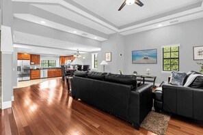 TV, peis, bøker og kontorer