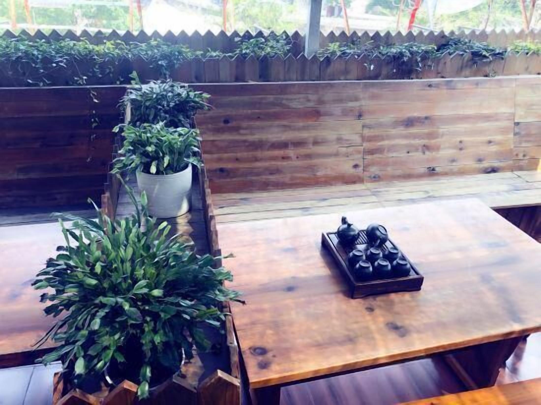 A wooden bench with potted plants, a table with a teapot, and a wooden railing with greenery.