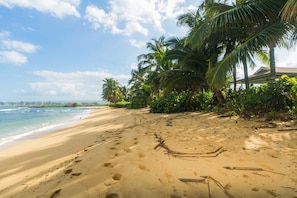 On the beach, sun-loungers, beach towels