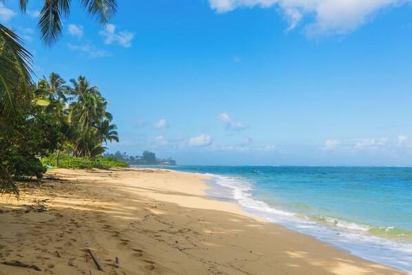On the beach, sun-loungers, beach towels