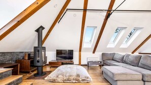 Ein Schlafzimmer im Lofts-Stil mit schrägem Dach, Kamin, Sofa und Fernseher.