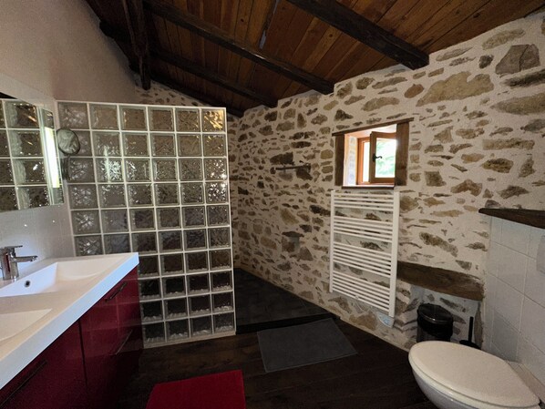 Shower, jetted tub, hair dryer, towels