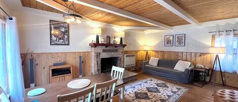 TV, fireplace, books, stereo