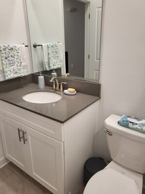 Ducha, secador de pelo, toallas, jabón